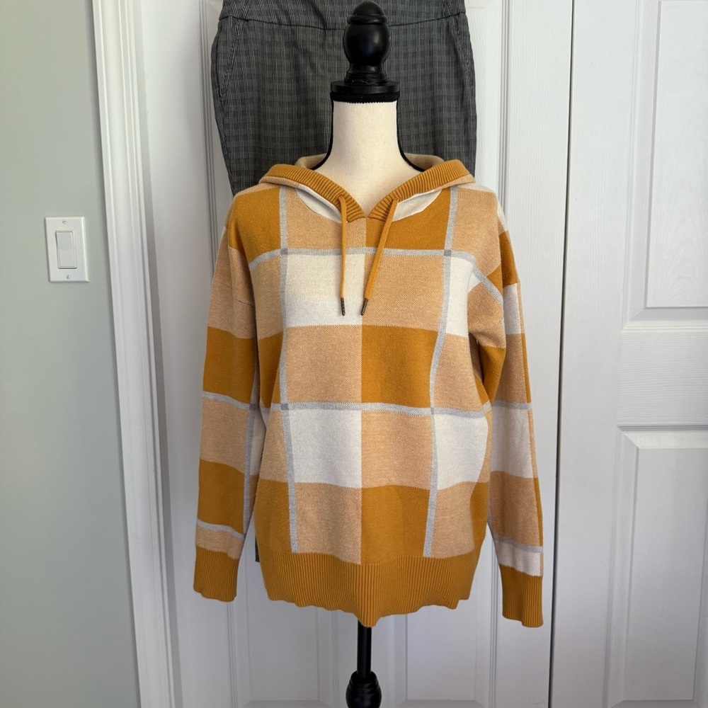 RACHEL Rachel Roy Mustard‎ Yellow Plaid Hooded Knit Sweater Size M Cottagecore - Picture 2 of 8